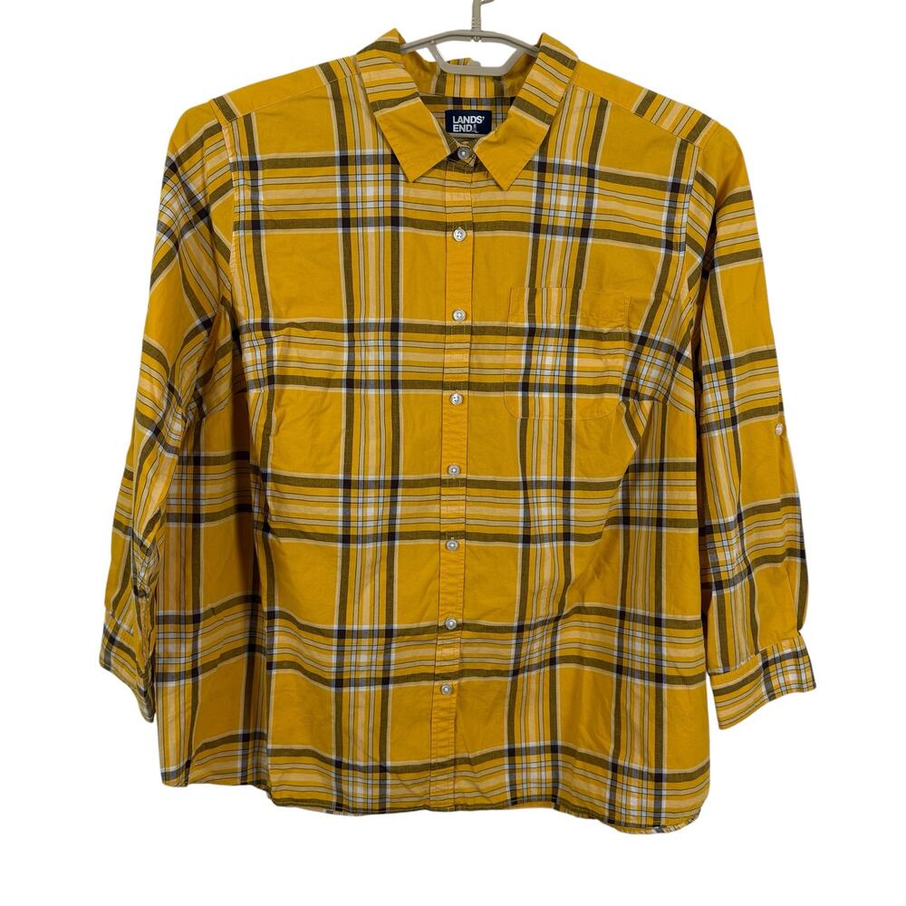 Lands' End Women Plaid Button Up Shirt Top 2X 100% Cotton Preppy Office Work